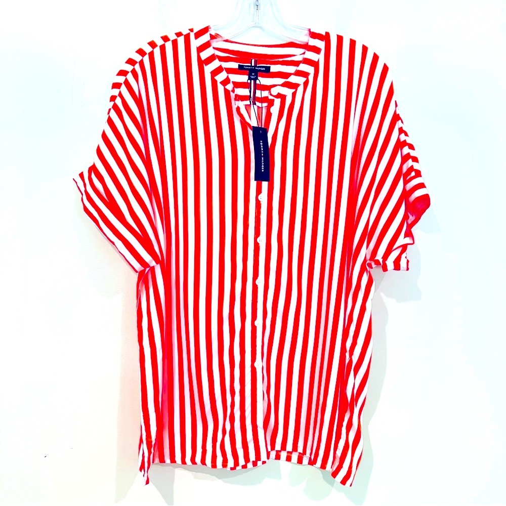 Tommy Hilfiger Striped V-Neck Button Front Shirt Women's Medium Orange White NWT